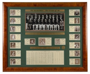 "The Invincibles - The Greats of '48" display comprising team photograph, window mounted together with action photo and tour record for each player, with nine facsimile and eight original signatures, including those of Bill Brown, Neil Harvey, Bill Johnston, and Arthur Morris; limited edition #349/1500; framed and glazed, 92 x 113cm overall.