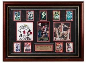 ST. KILDA: A group of six framed or block-mounted displays, including one signed by Robert Harvey, and two with copious signatures from the 1994 and 1995 teams respectively; the largest 57 x 77cm overall.