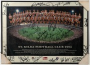 ST. KILDA: A group of six framed or block-mounted displays, including one signed by Robert Harvey, and two with copious signatures from the 1994 and 1995 teams respectively; the largest 57 x 77cm overall. - 3