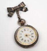 An antique sterling silver ladies cased pocket watch, housed in an original triangular antique glass and gilt metal silk lined box, 19th century, 8cm high overall. - 3