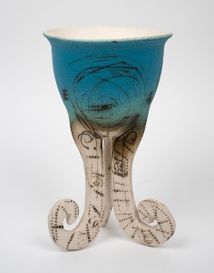 LILACH MILEIKOWSKI blue glazed pottery bowl and tripod base, signed "Lilach", ​​​​​​​28.5cm high.