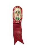 OFFICIAL BADGE - COMPETITORS: Manufactured by K.G. Luke, Melbourne; red enamelled border, silver background, dark red ribbon by Raleigh Print marked "GYMNASTICS"; numbered "6512" on reverse.