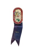 OFFICIAL BADGE - COMPETITORS: Manufactured by K.G. Luke, Melbourne; red enamelled border, silver background, dark blue ribbon by Raleigh Print marked "FOOTBALL"; numbered "6378" on reverse.