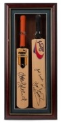 CRICKET (FRAMED & SIGNED MINIATURE BATS) & TENNIS: A group comprising three bats signed by Adam Gilchrist, Dean Jones, and Muttiah Muralitharan; the larger display 62 x 28cm overall; together with an unframed signed limited edition Pete Sampras print with