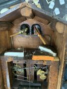 An antique German Black Forest cuckoo and quail wall clock, attributed to JOHANN BAPTIST BEHA, 30-hour duration wood plate movement, carved walnut station house style case with decorative pierced scroll leaf and vine decoration, bone hands and applied Rom - 6
