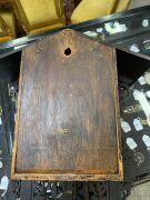 An antique German Black Forest cuckoo and quail wall clock, attributed to JOHANN BAPTIST BEHA, 30-hour duration wood plate movement, carved walnut station house style case with decorative pierced scroll leaf and vine decoration, bone hands and applied Rom - 11