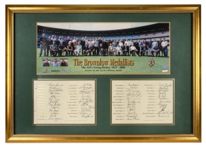 "The Brownlow Medallists - The AFL's Living History 1925 - 2000" display featuring the original signatures of fifty Brownlow medallists, including Verdun Howell, Bob Skilton, Kevin Murray, Len Thompson, Graham Teasdale, Bernie Quinlan, Ian Stewart, Barry Round, Gavin Wanganeen, Tony Liberatore, Dick Reynolds, James Hird, Tony Lockett, and Shane Crawford; limited edition #184/1500; attractively framed and glazed, 66 x 92cm overall.
