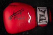 MUHAMMAD ALI v JOE FRAZIER: An "Everlasting" boxing glove signed by both Ali and Frazier, in display case with photographs and texts recounting the pair's boxing rivalry; CoA present; dimensions 70 x 49 x 15cm. - 2