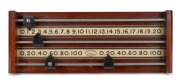 An Australian mid-20th century wall-mounted billiards scoreboard by Alcock Thomson & Taylor, Melbourne; two number tracks with original timber score markers; dimensions 18 x 46cm.