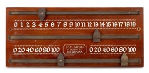 An Australian mid-20th century wall-mounted billiards scoreboard by R.C. Ladd, St Peters, South Australia; two hand-painted number tracks with original brass sliding score markers; dimensions 43 x 19cm.