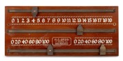 An Australian mid-20th century wall-mounted billiards scoreboard by R.C. Ladd, St Peters, South Australia; two hand-painted number tracks with original brass sliding score markers; dimensions 43 x 19cm.
