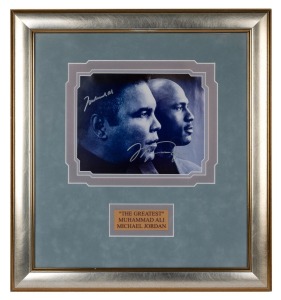MUHAMMAD ALI & MICHAEL JORDAN: A photograph of the two sportsmen in profile, featuring the signatures of both men in permanent marker; CoA present, attractively framed and glazed, 53 x 49cm overall.