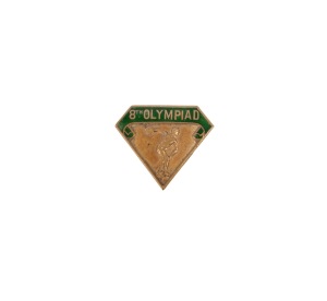 1924 PARIS OLYMPICS: Australian Team lapel pin (with screw fitting) made by W.Kerr; bronze and green enamel "8TH OLYMPIAD" depicting a discus thrower. Extremely rare; this is the first example we have offered. Australia was represented by a team of 35 athletes at the 1924 Olympics. The team won 3 gold, 1 silver and 2 bronze medals.