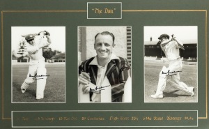 DON BRADMAN: Display incorporating three photograph prints, all of which signed by Bradman in permanent marker; framed and glazed, 39 x 56cm overall.