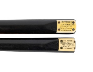 WALTER LINDRUM - CUES: Pair of Peradon & Co. commemorative cues, both 56 inches in length, ash shaft, ebony butt, ivory plate; one issued to commemorate Lindrum's December 7th 1929 break of 3262, the other issued to commemorate his January 20th 1932 break of 4137. (2 items)