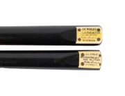 WALTER LINDRUM - CUES: Pair of Peradon & Co. commemorative cues, both 56 inches in length, ash shaft, ebony butt, ivory plate; one issued to commemorate Lindrum's December 7th 1929 break of 3262, the other issued to commemorate his January 20th 1932 break