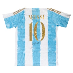 LIONEL MESSI: Personally signed ARGENTINA 2021-22 special edition Adidas jersey with name and number in gold; accompanied by photographic Certificate of Authenticity showing Messi during the signing for "Suvannasin Signings".