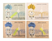 TICKETS: A nice group in a Myer Emporium event souvenir envelope; noted Opening Ceremony, Closing Ceremony (2), Olympic Park Swimming Stadium diving (4), Exhibition Building basketball, and more. (24 items)