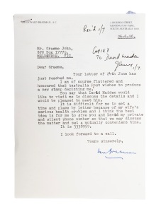 DON BRADMAN: Typewritten letter (original envelope present) on "Sir Donald Bradman A.C." letterhead, signed "Don Bradman" and dated June 26th 1996, addressed to then Australia Post managing director Graeme John, indicating Bradman's willingness to take part in what would later become the "Australian Legends" series launched in 1997; reference is made to Jessie Bradman's ailing health, with Bradman providing his silent telephone number to facilitate further discussion.