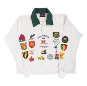 1991 RUGBY WORLD CUP: Canterbury commemorative rugby jumper, limited edition #80/500, with sixteen national crests stitched onto the front and down the arms; size L.