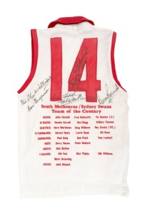 SWANS TEAM OF THE CENTURY: 2003 commemorative guernsey by Sherwood Royal, signed on the back by team members Peter Bedford, Fred Goldsmith, Barry Round, Bob Skilton (captain), and Bill Williams; Skilton has signed within the 4 of the number 14 (his own player number) on the back of this guernsey.