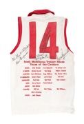 SWANS TEAM OF THE CENTURY: 2003 commemorative guernsey by Sherwood Royal, signed on the back by team members Peter Bedford, Fred Goldsmith, Barry Round, Bob Skilton (captain), and Bill Williams; Skilton has signed within the 4 of the number 14 (his own pl