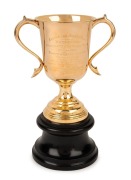 1920 PRINCE OF WALES GOLD CUP: 15ct gold trophy by Hardy Bros, on wooden plinth, offered with original oak case, engraved "Australian Jockey Club/Winter Meeting/In Honour of H.R.H. The Prince of Wales/19th June 1920... - 2