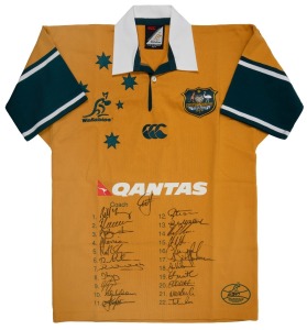 WALLABIES: Circa 2005 official commemorative short-sleeved rugby jumper, player edition [#PL247] issued to Eddie Jones, with twenty-three original signatures including those of George Gregan, Stephen Larkham, Matt Giteau, George Smith, and Eddie Jones; size M.