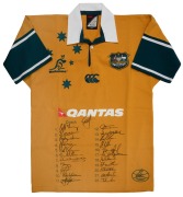 WALLABIES: Circa 2005 official commemorative short-sleeved rugby jumper, player edition [#PL247] issued to Eddie Jones, with twenty-three original signatures including those of George Gregan, Stephen Larkham, Matt Giteau, George Smith, and Eddie Jones; si