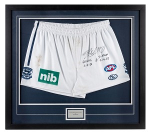 THE 2009 GRAND FINAL - GEELONG 12.8.80 defeated ST.KILDA 9.14.68 A match-worn pair of shorts, signed and endorsed by JOEL SELWOOD, who starred in the mid-field to help the Cats claim a thrilling 12-point victory. Attractively framed & glazed, with CoA. Overall 66 x 73cm.