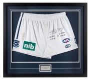 THE 2009 GRAND FINAL - GEELONG 12.8.80 defeated ST.KILDA 9.14.68 A match-worn pair of shorts, signed and endorsed by JOEL SELWOOD, who starred in the mid-field to help the Cats claim a thrilling 12-point victory. Attractively framed & glazed, with CoA. O