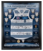 GEELONG CATS PREMIERSHIP HISTORY GUERNSEY - 2011 A superbly presented "150th Anniversary Guernsey" celebrating Geelong's nine premierships between 1925 and 2011; the original signatures of the 2009 Premiership team have been applied to the guernsey, which