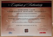 GEELONG CATS PREMIERSHIP HISTORY GUERNSEY - 2011 A superbly presented "150th Anniversary Guernsey" celebrating Geelong's nine premierships between 1925 and 2011; the original signatures of the 2009 Premiership team have been applied to the guernsey, which - 3