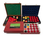 Group of three different snooker sets in timber (25 balls), leather (23 balls), or cardboard ("Vitalite" brand, 23 balls) case.