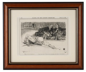 PUNCH, OR THE LONDON CHARIVARI: Group of line block illustrations of humorous billiards scenes (mostly Frank Reynolds), taken from vintage Punch magazine issues spanning 1906 to 1928; all attractively framed and glazed, uniformly 25 x 30cm overall. (7 items)