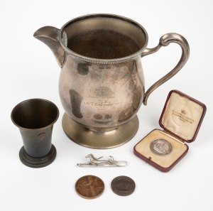 A diverse group of mid-20th century billiards or snookers awards (one in sterling silver, some uninscribed), plus an Art Deco-style horse tie clip; height of the largest item 16.5cm. (6 items)
