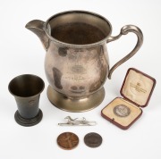 A diverse group of mid-20th century billiards or snookers awards (one in sterling silver, some uninscribed), plus an Art Deco-style horse tie clip; height of the largest item 16.5cm. (6 items)