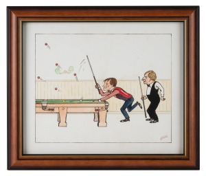 An early-20th century group of pen and watercolour illustrations of humorous billiards scenes by artist "C. Fish"; all attractively framed and glazed, uniformly 30 x 36cm overall. (6 items)