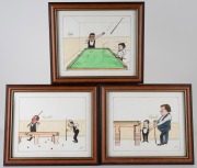 An early-20th century group of pen and watercolour illustrations of humorous billiards scenes by artist "C. Fish"; all attractively framed and glazed, uniformly 30 x 36cm overall. (6 items) - 2