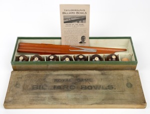 Circa 1920s "Taylor-Rolph's Billiard Bowls" set in maker's box, containing eight balls, a ramp, and a pair of Taylor Rolph callipers; instruction booklet present.