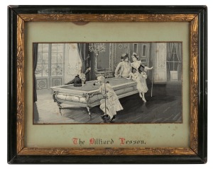 A 19th century silk-woven tapestry by Neyret Frères titled "The Billiard Lesson", framed and glazed, 33 x 42cm overall, together with six other framed billiards illustrations, three of which on brushed aluminium. (7 items)