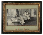 A 19th century silk-woven tapestry by Neyret Fr&egrave;res titled "The Billiard Lesson", framed and glazed, 33 x 42cm overall, together with six other framed billiards illustrations, three of which on brushed aluminium. (7 items)