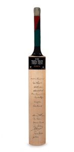 1960 AUSTRALIA v WEST INDIES "TIED TEST": Full-size cricket bat produced to commemorate the December 1960 tied test in Brisbane between Australia and the West Indies, signed by eight members of the Australian team including Richie Benaud, Neil Harvey, Bob Simpson, and Alan Davidson, plus seven West Indies team members including Gary Sobers, Rohan Kanhai, and Wes Hall.