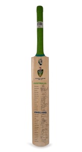 2006-07 ASHES SERIES - AUSTRALIA v ENGLAND: Full-size "Kookaburra" cricket bat, signed by twenty-nine members of the Australian and English teams, including Ricky Ponting, Adam Gilchrist, Glenn McGrath, Shane Warne, Andrew Flintoff, Andrew Strauss, and Alastair Cook.