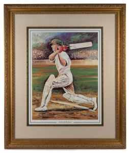 DON BRADMAN - THE COVER DRIVE: 1995 print featuring at lower margin the original signatures of both Bradman and artist Tim Hall; limited edition #380/500 with CoA; attractively framed and glazed, 109 x 92cm overall.