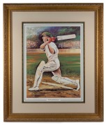 DON BRADMAN - THE COVER DRIVE: 1995 print featuring at lower margin the original signatures of both Bradman and artist Tim Hall; limited edition #380/500 with CoA; attractively framed and glazed, 109 x 92cm overall.