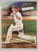 DON BRADMAN - THE COVER DRIVE: 1995 print featuring at lower margin the original signatures of both Bradman and artist Tim Hall; limited edition #380/500 with CoA; attractively framed and glazed, 109 x 92cm overall. - 2