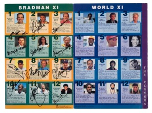 THE TOYOTA VIENTA V6 "BRADMAN" MATCH: A fully-signed souvenir programme with twenty-four original signatures, and a fully-signed bat, attractively framed and glazed, but with quite a few of the signatures faded; dimensions 108 x 33cm. (2 items)