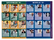 THE TOYOTA VIENTA V6 "BRADMAN" MATCH: A fully-signed souvenir programme with twenty-four original signatures, and a fully-signed bat, attractively framed and glazed, but with quite a few of the signatures faded; dimensions 108 x 33cm. (2 items)