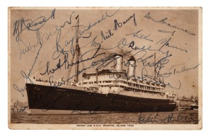 THE INVINCIBLES RETURN TO AUSTRALIA: An original orient line R.M.S. Orontes souvenir postcard signed by the triumphant Australian cricket team on its return voyage from England; posted in Colombo and addressed to a lucky Melbourne recipient.